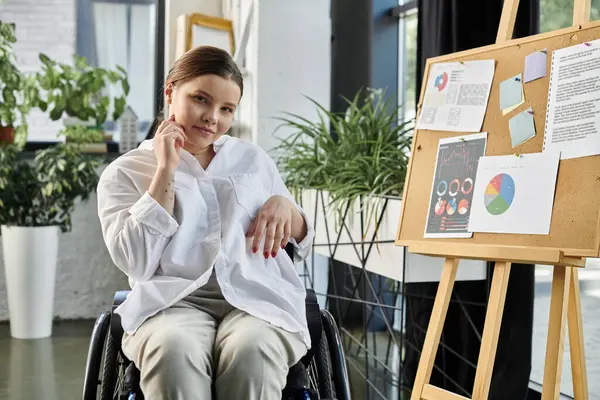 A determined young businesswoman in a wheelchair works at her desk in a modern office, highlighting workplace inclusivity. — Stock Photo