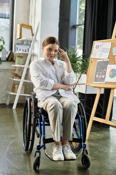 A young businesswoman in a wheelchair is working in a modern office. — Stock Photo