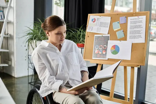 A young businesswoman in a wheelchair works diligently in a modern office. — Stock Photo