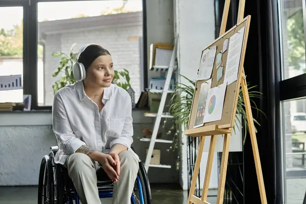 Une jeune femme d'affaires en fauteuil roulant travaille à son bureau dans un bureau moderne. — Photo de stock