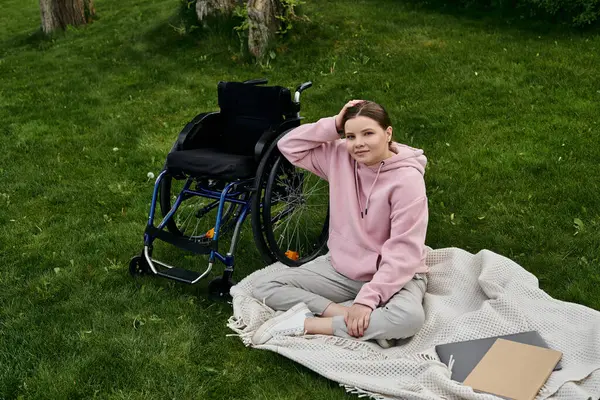 A young woman in a pink hoodie sits in a wheelchair on a green lawn. She is smiling and appears to be enjoying the outdoors. — Stock Photo