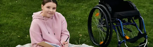 A young woman in a pink hoodie sits in a wheelchair on a grassy lawn, smiling and looking at the camera. — Stock Photo