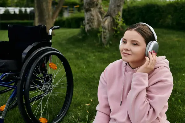 A young woman in a pink hoodie sits in a wheelchair, listening to music with headphones, enjoying a moment of peace in a park. — Stock Photo