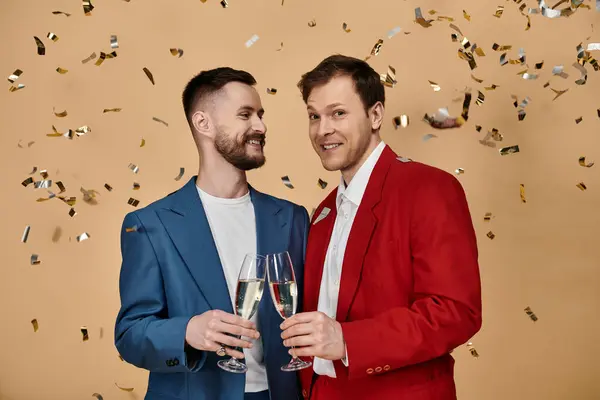 Two men in suits celebrate with champagne and confetti. — Stock Photo