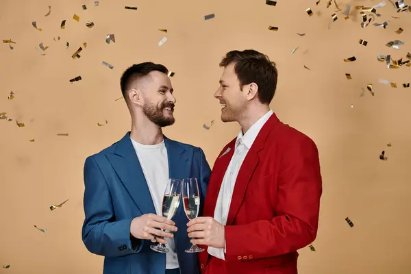 Two men in elegant suits celebrate with champagne, surrounded by confetti. — Stock Photo