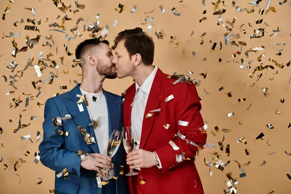 A gay couple in suits kiss amidst falling confetti. — Stock Photo