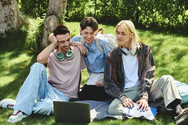 Três jovens amigos gays relaxam em um cobertor em um parque em um dia ensolarado. Eles estão rindo e conversando, desfrutando uns dos outros companhia. — Fotografia de Stock