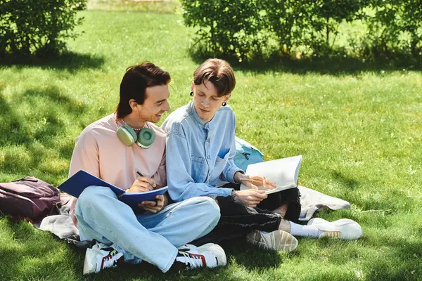 Due giovani, vestiti con disinvoltura, si siedono sull'erba in un parco, studiano insieme e sorridono. — Foto stock