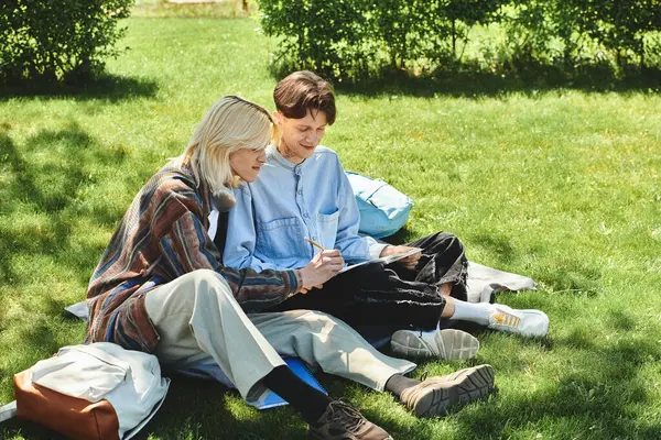 Two young friends in casual attire relax on the grass together, laughing and enjoying each others company. — Stock Photo