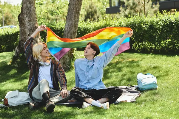 Two young friends pose for a photo in a park, smiling and holding a pride flag. — Stock Photo