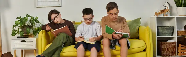 Drei kleine Jungen sitzen auf einer gelben Couch und lernen gemeinsam zu Hause. — Stockfoto