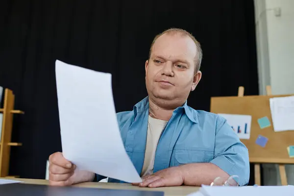A man with inclusivity sits at his desk, reviewing documents. — Stock Photo