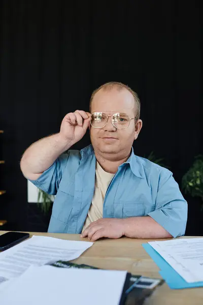 A man with inclusivity in a blue shirt sits at a desk, adjusting his glasses with his right hand. — Stock Photo
