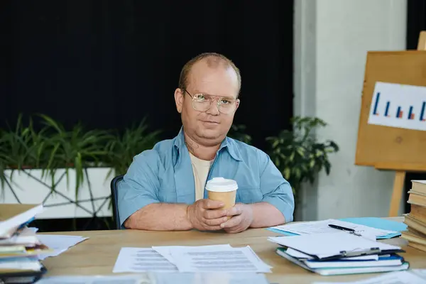 Un hombre con inclusividad se sienta en un escritorio con una taza de café, rodeado de documentos y papeleo. — Stock Photo