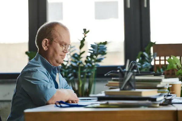 Ein Mann mit Brille sitzt an einem Schreibtisch in einem gut beleuchteten Büro und arbeitet fleißig. — Stockfoto