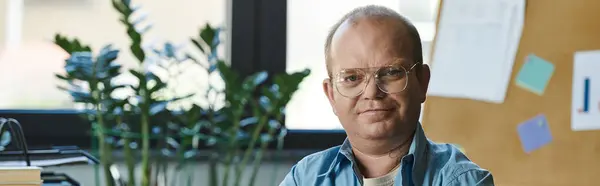 A man with inclusivity in glasses looks thoughtfully at the camera. — Stock Photo