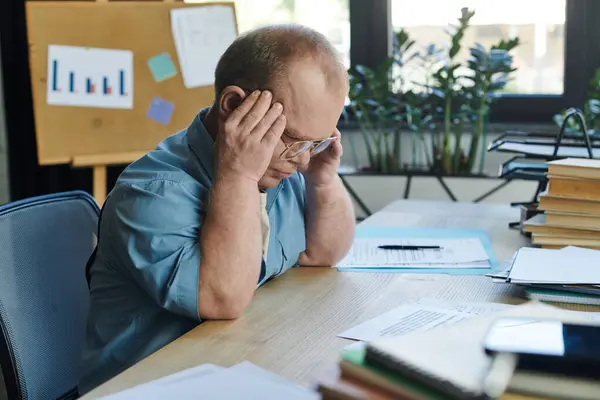 A man with inclusivity sits at a desk, looking down at papers with a contemplative expression. — Stock Photo