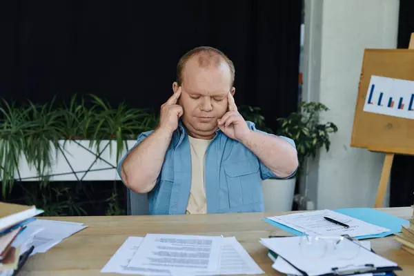A man with inclusivity sits at his desk, eyes closed, taking a moment to center himself amidst a sea of paperwork. — Stock Photo