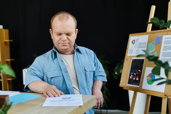 A man with inclusivity sits at a desk reviewing charts and papers. — Stock Photo