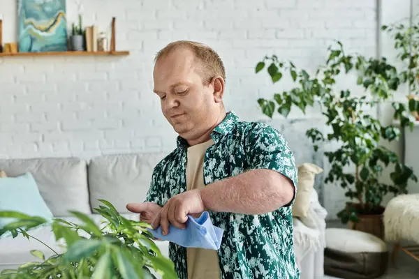 Um homem com inclusividade em uma camisa verde limpa as folhas de uma planta de sala. — Fotografia de Stock
