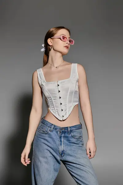 A young woman stands in front of a grey backdrop, wearing a white corset and denim jeans. — Stock Photo