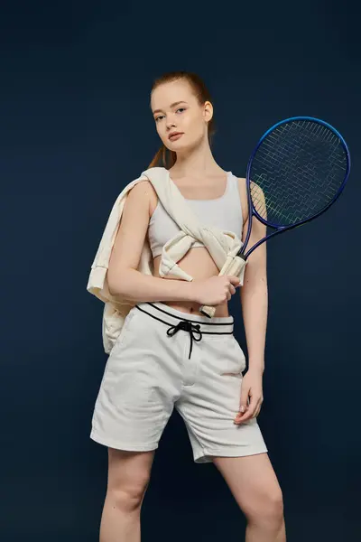 Una giovane donna in abbigliamento sportivo posa con una racchetta da tennis su uno sfondo blu vibrante. — Foto stock