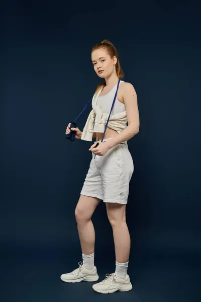 Una mujer vestida de blanco posa con una cuerda de salto delante de un telón de fondo azul. — Stock Photo