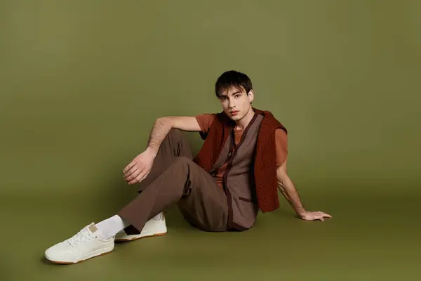 A man in a brown vest and pants sits on a green backdrop, looking casually at the camera. — Stock Photo