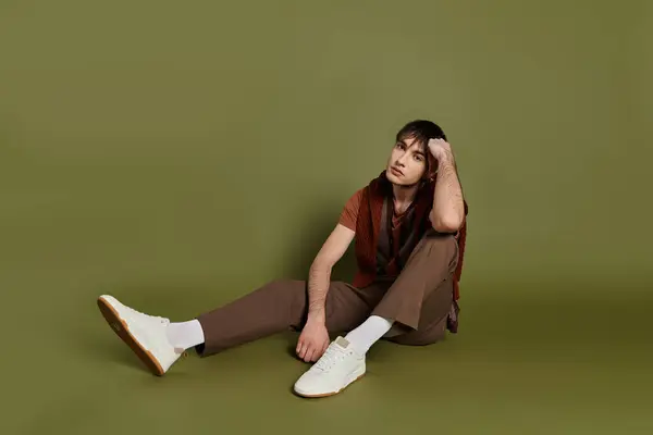 A stylish man sits with one leg extended in front of him against a vibrant green background. — Stock Photo