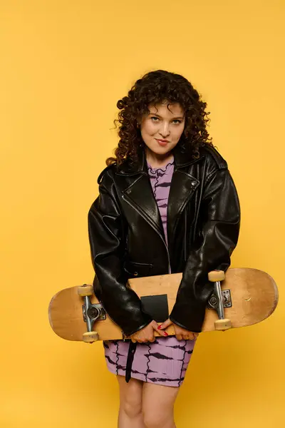 Young woman with curly hair wearing a leather jacket poses confidently with a skateboard against a bright yellow background. — Stock Photo