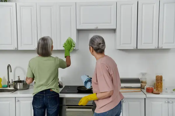 Um casal lésbico limpa sua moderna cozinha de apartamentos. — Fotografia de Stock