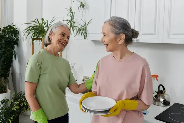 A lesbian couple cleans their modern apartment together, laughing as they put away dishes. — Stock Photo