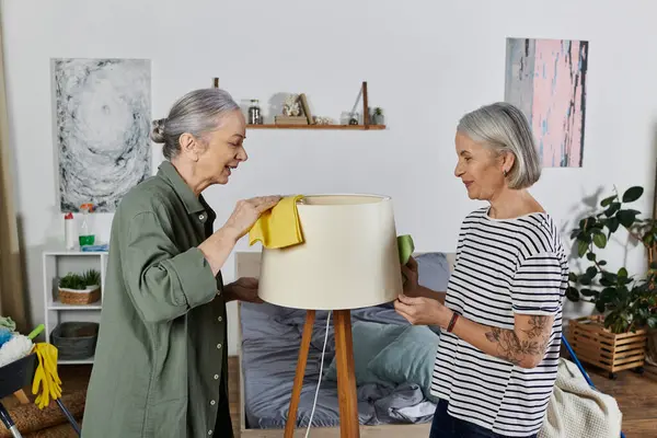 Duas mulheres lésbicas maduras estão limpando um apartamento moderno, polvilhando um abajur. — Fotografia de Stock