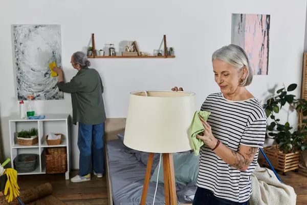 Duas mulheres maduras estão limpando seu apartamento moderno. Uma mulher espanca uma lâmpada enquanto a outra limpa uma pintura. — Fotografia de Stock