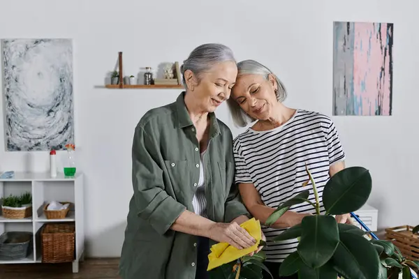 Lésbicas casal feliz limpar seu apartamento juntos em traje casual, sorrindo e gostando uns dos outros companhia. — Fotografia de Stock
