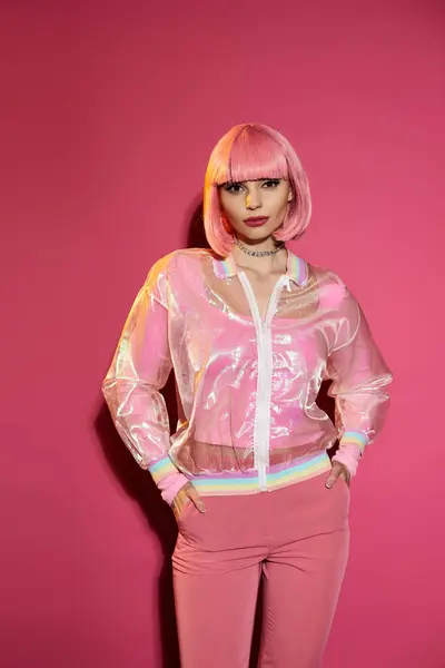 A woman with pink hair wears a sheer iridescent jacket and pink pants against a pink backdrop. — Stock Photo
