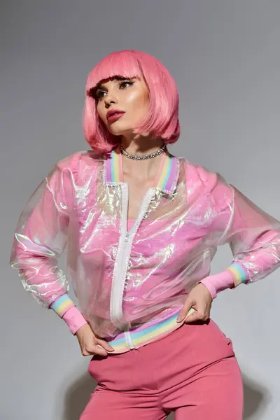 Una mujer con el pelo rosa lleva una chaqueta rosa transparente con una raya de arco iris. — Stock Photo