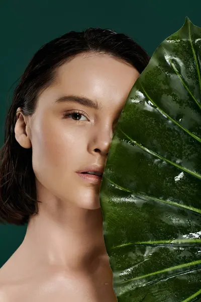 A woman poses with a large, green leaf in front of a vibrant backdrop. — Stock Photo