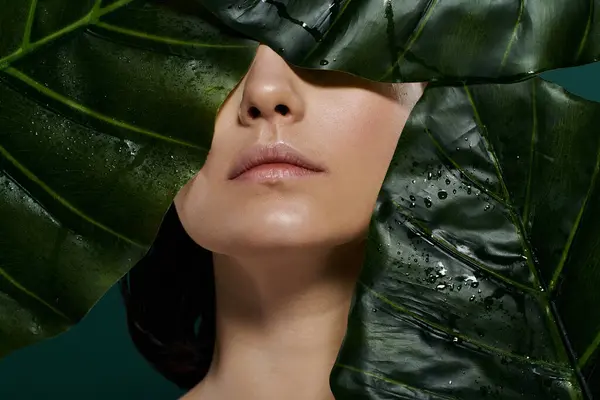A womans face framed by large, vibrant green leaves, with water droplets on the leaves. — Stock Photo