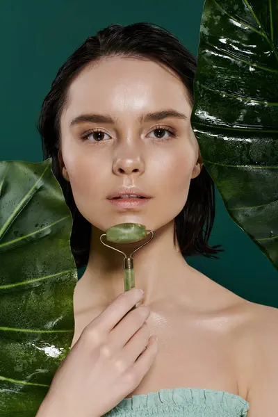 Uma mulher usa um rolo de jade em seu rosto contra um cenário verde vibrante. — Fotografia de Stock