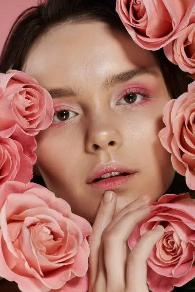 A womans face framed by soft pink roses, creating a delicate and ethereal image. — Stock Photo