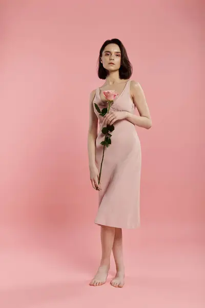 A woman in a pink dress poses with a rose in front of a pink background. — Stock Photo