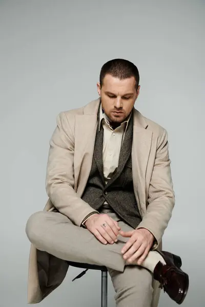 A dapper man in a beige coat and patterned vest sits thoughtfully. — Stock Photo