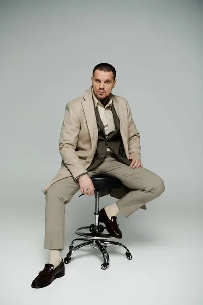 A man wearing a beige coat and brown shoes sits on an office chair. — Stock Photo