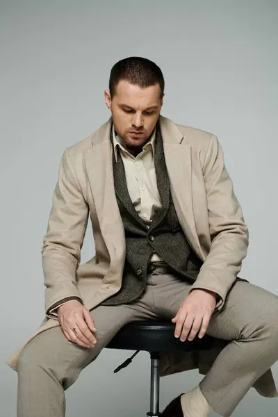 A stylish man in a beige coat, vest, and trousers sits on a stool, looking down thoughtfully. — Stock Photo