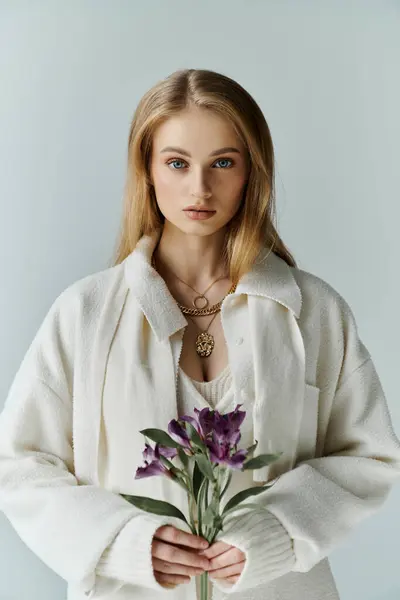 Una joven vestida de blanco sostiene un ramo de flores moradas. - foto de stock