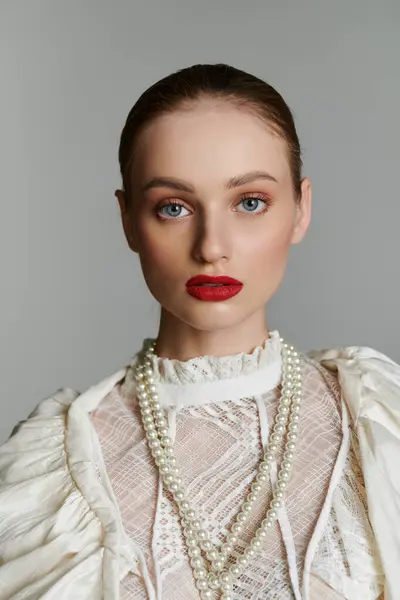 Young woman in white lace and pearls gazes at camera with blue eyes and red lips. — Stock Photo
