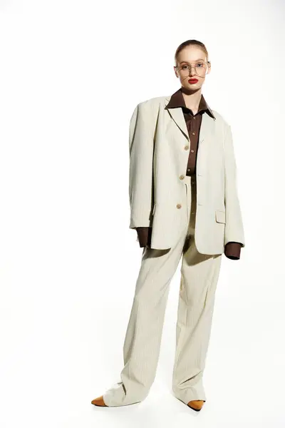 A young woman wearing a white suit with a brown shirt poses against a white backdrop. — Stock Photo