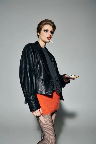 A stylish woman in a black leather jacket and orange fuzzy skirt poses confidently with a cigarette. — Stock Photo