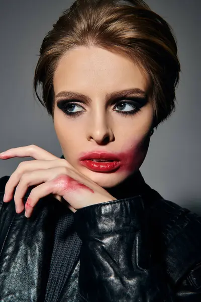 Uma mulher com maquiagem escura e uma jaqueta de couro posa contra um fundo cinza. — Fotografia de Stock